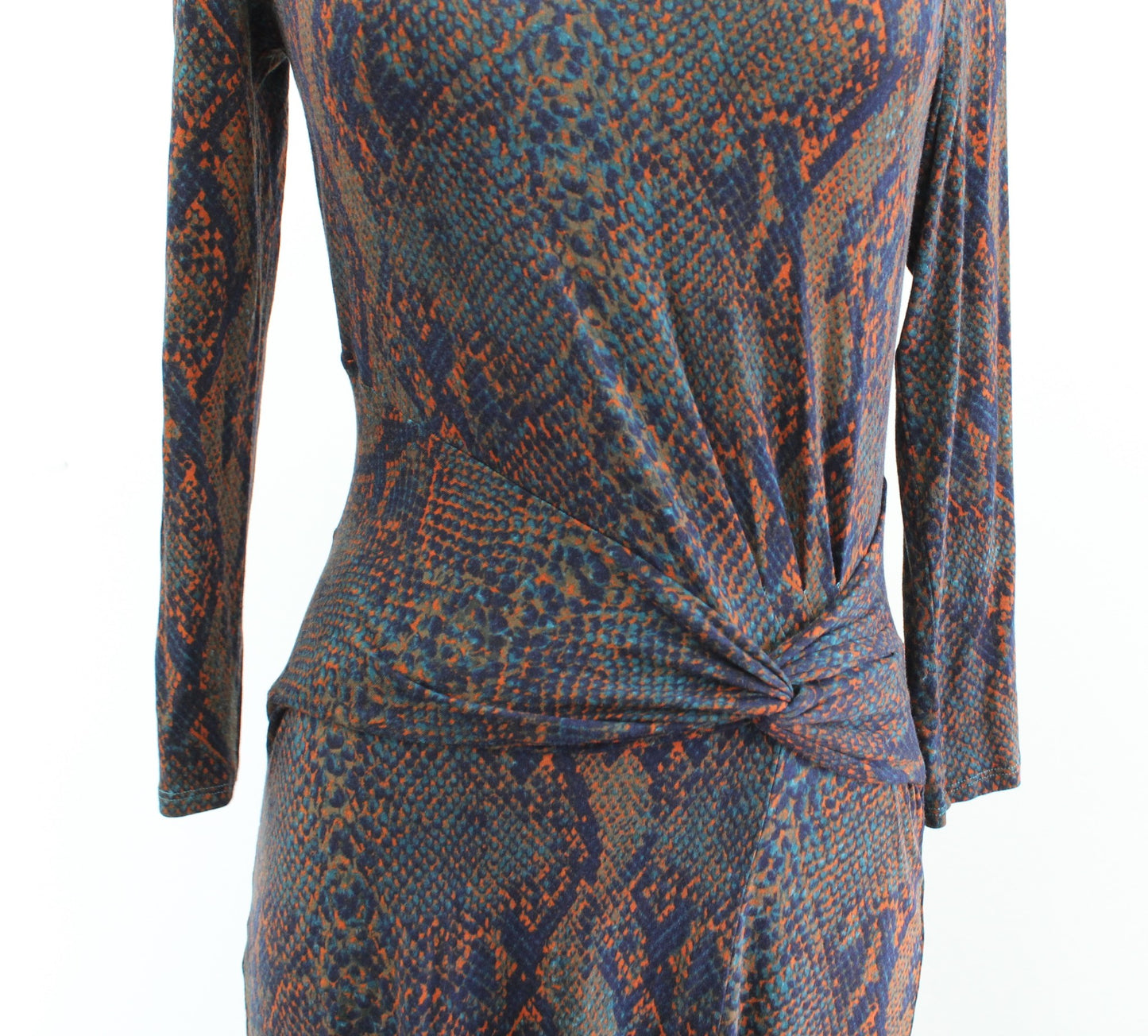 Joie Meika Snakeskin Print Knit Ruched Twist Waist Midi Dress Size S Navy Orange