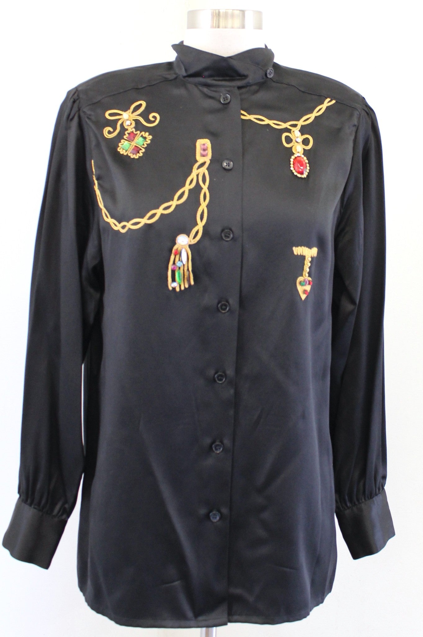 Vtg 90s Black Silk Embroidered Embellished Button Front Shirt Blouse Size 8