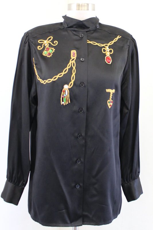 Vtg 90s Black Silk Embroidered Embellished Button Front Shirt Blouse Size 8