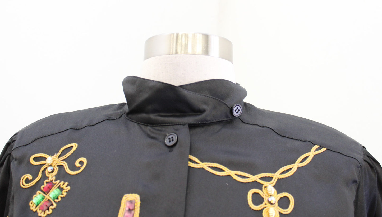Vtg 90s Black Silk Embroidered Embellished Button Front Shirt Blouse Size 8