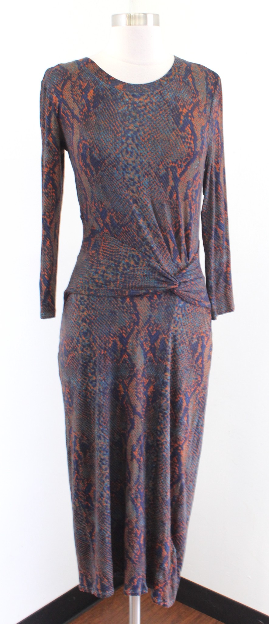 Joie Meika Snakeskin Print Knit Ruched Twist Waist Midi Dress Size S Navy Orange