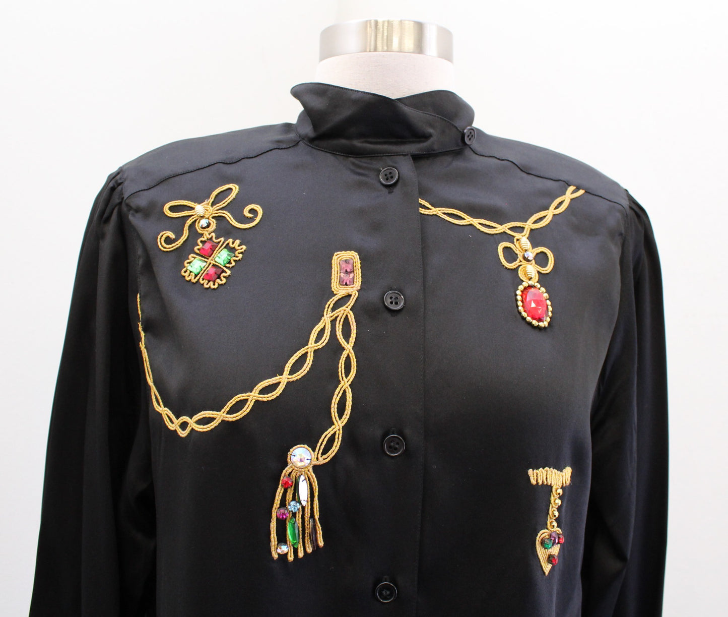 Vtg 90s Black Silk Embroidered Embellished Button Front Shirt Blouse Size 8