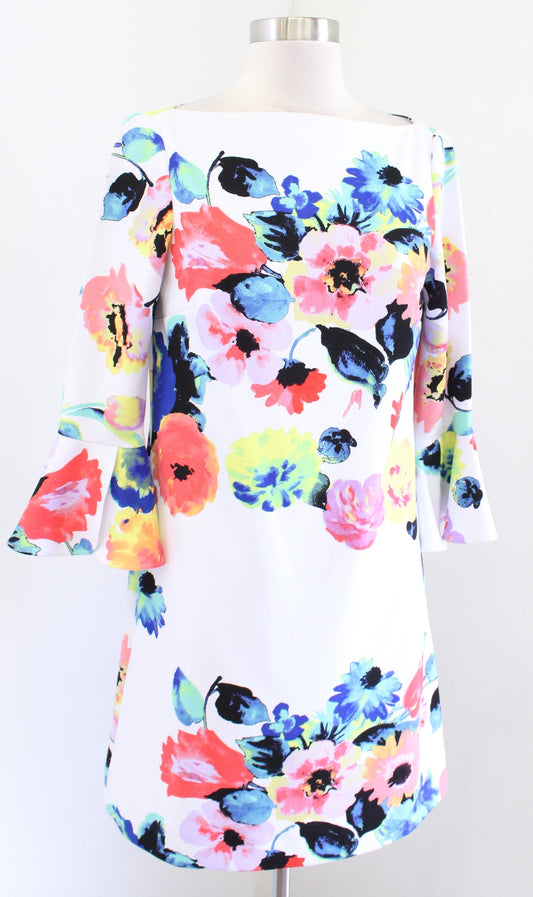 Tahari ASL Levine White Multi Color Floral Print Bell Sleeve Shift Dress Size 2