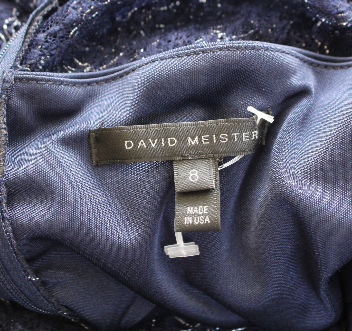 David Meister Navy Blue Metallic Lace Ruched 3/4 Sleeve Sheath Dress Cocktail 8