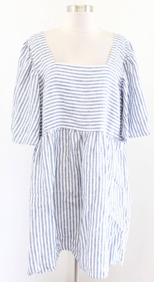 Joie Anjelica Blue White Striped Linen Linen Smock Dress Size XL Square Neck