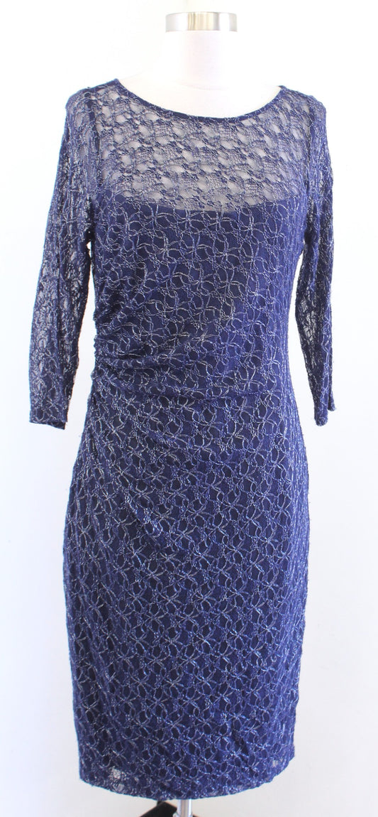 David Meister Navy Blue Metallic Lace Ruched 3/4 Sleeve Sheath Dress Cocktail 8