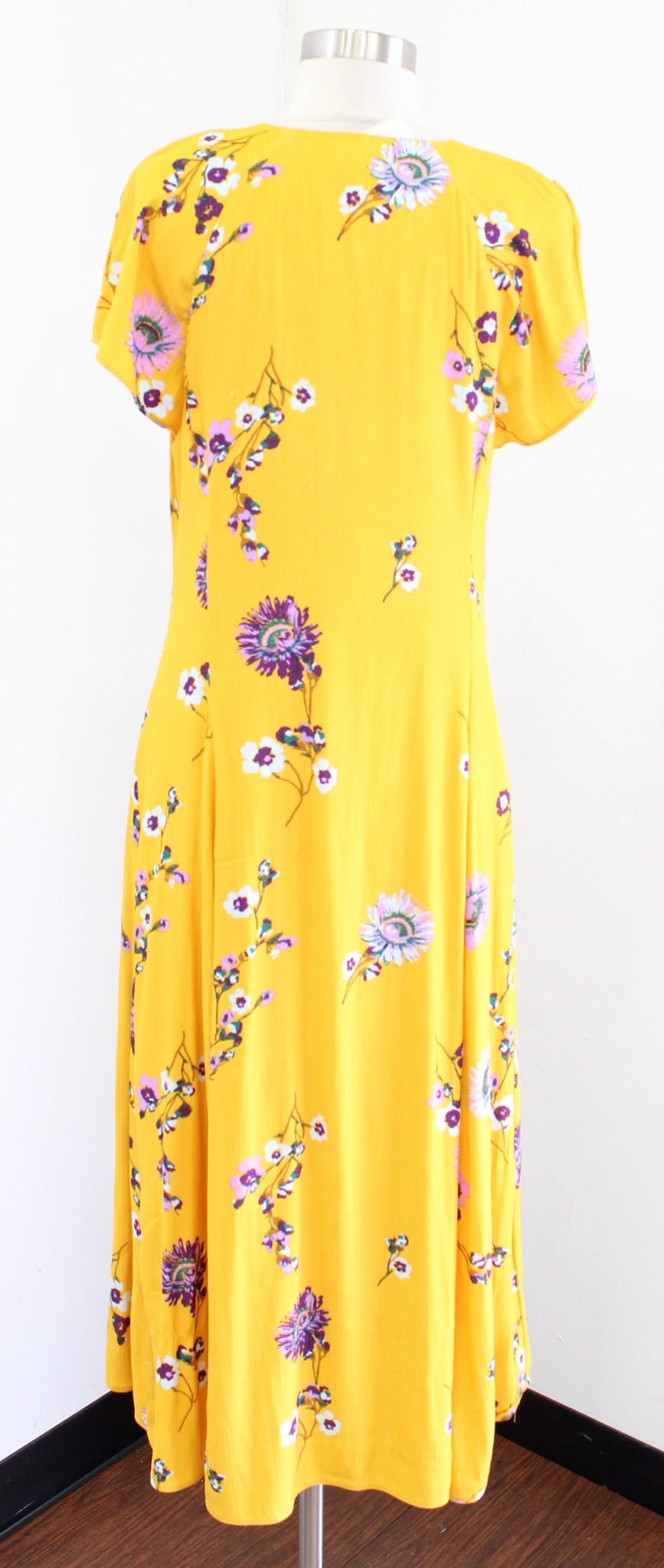 Free People Lost in You Golden Yellow Floral Hi Lo Midi Dress Size M V Neck Boho