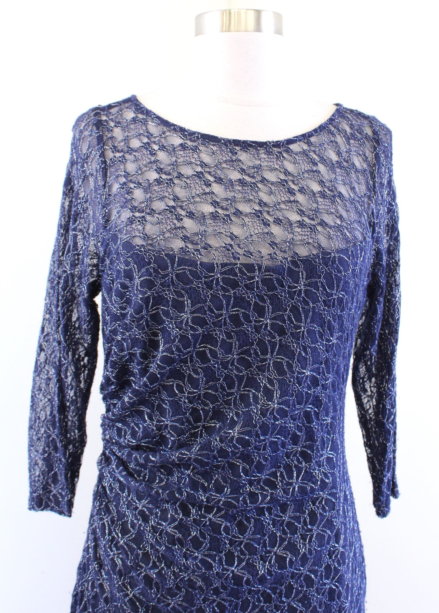 David Meister Navy Blue Metallic Lace Ruched 3/4 Sleeve Sheath Dress Cocktail 8