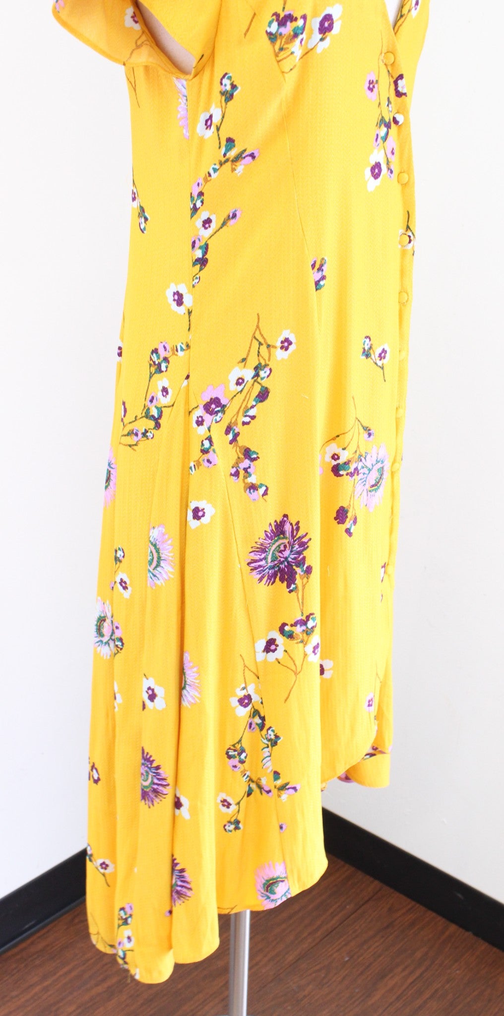 Free People Lost in You Golden Yellow Floral Hi Lo Midi Dress Size M V Neck Boho