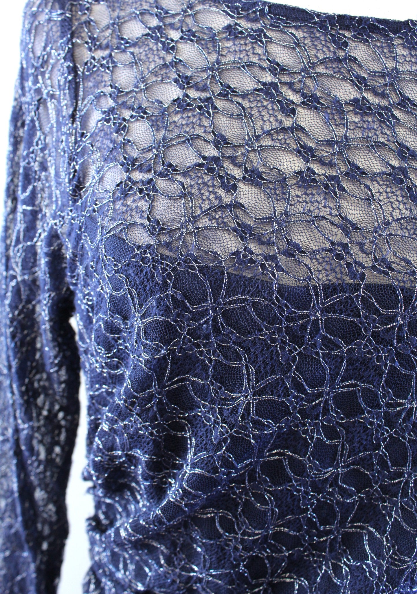 David Meister Navy Blue Metallic Lace Ruched 3/4 Sleeve Sheath Dress Cocktail 8