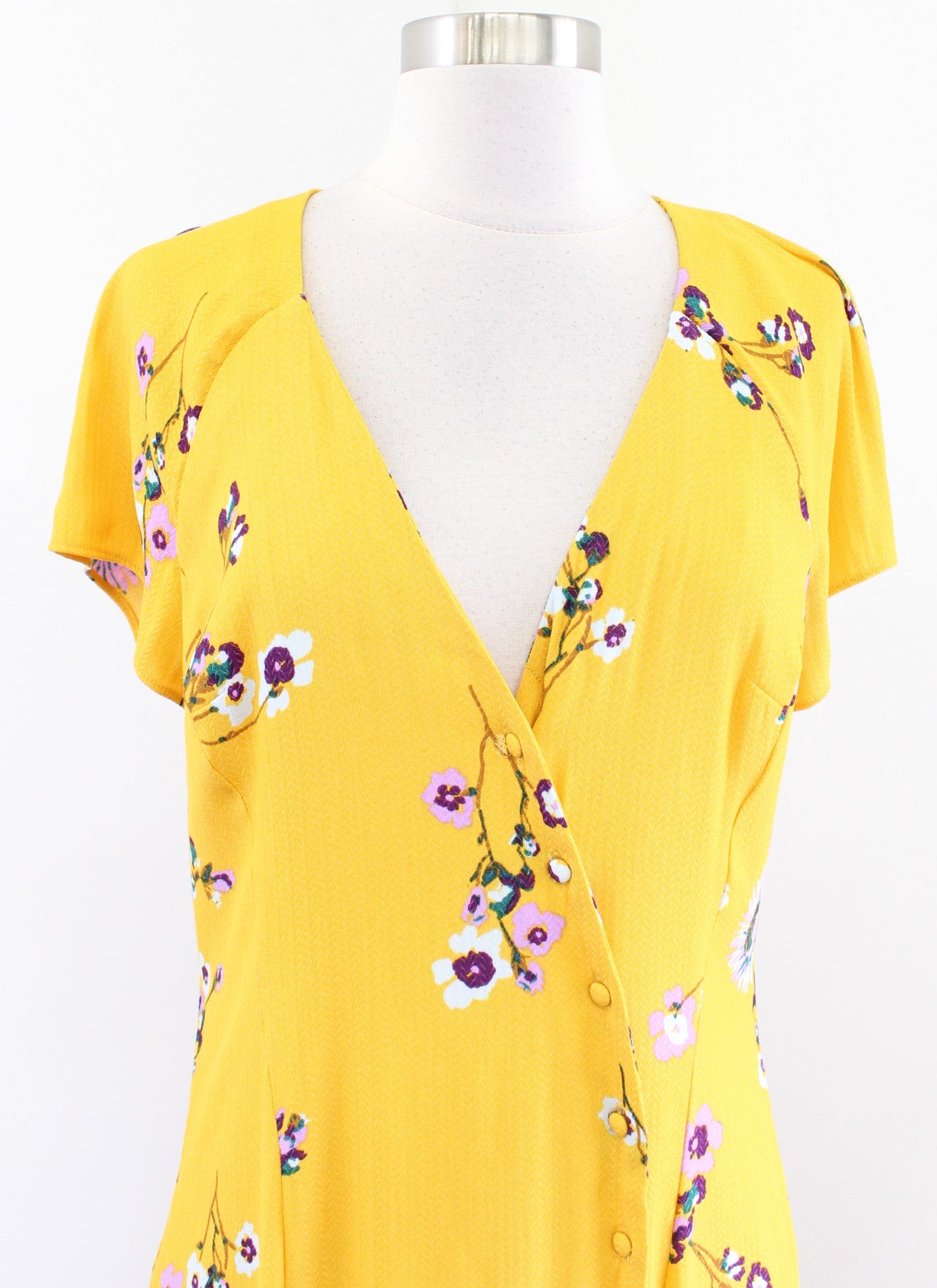 Free People Lost in You Golden Yellow Floral Hi Lo Midi Dress Size M V Neck Boho