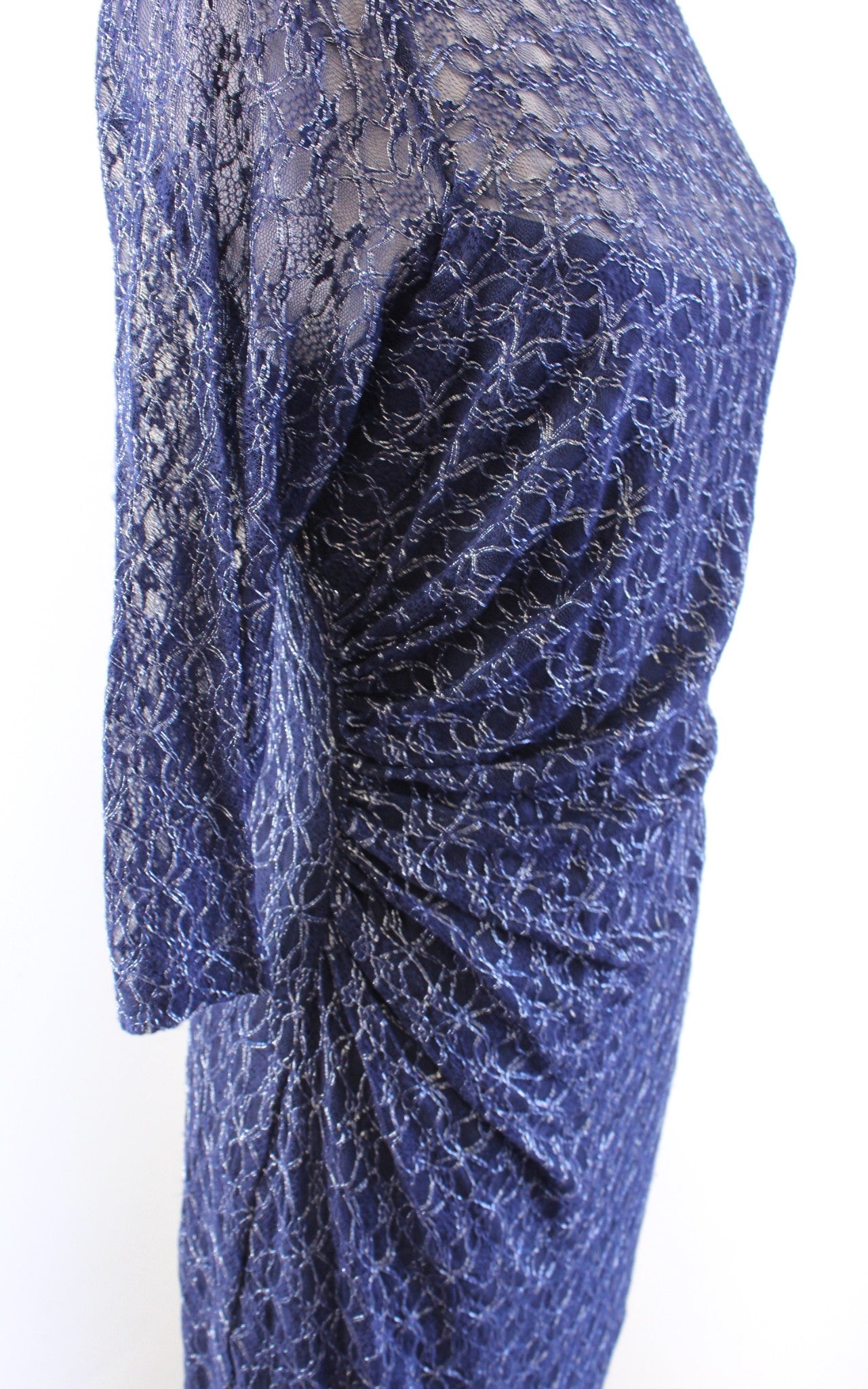David Meister Navy Blue Metallic Lace Ruched 3/4 Sleeve Sheath Dress Cocktail 8