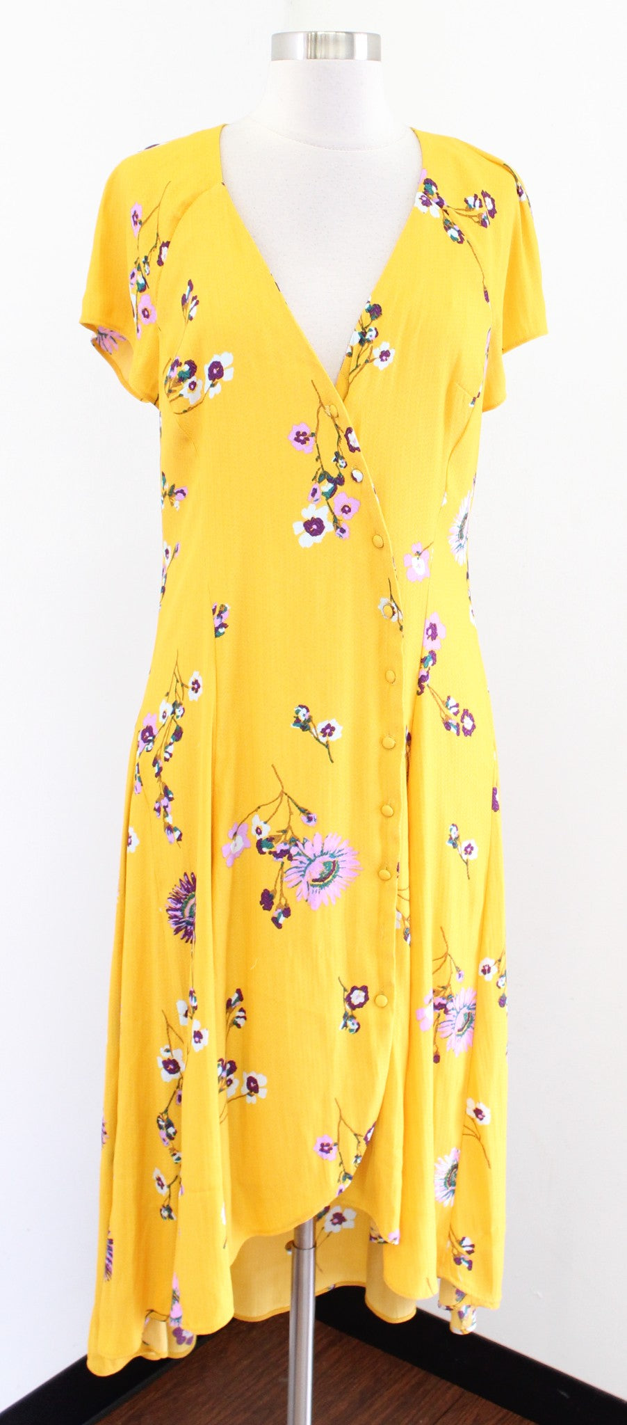 Free People Lost in You Golden Yellow Floral Hi Lo Midi Dress Size M V Neck Boho