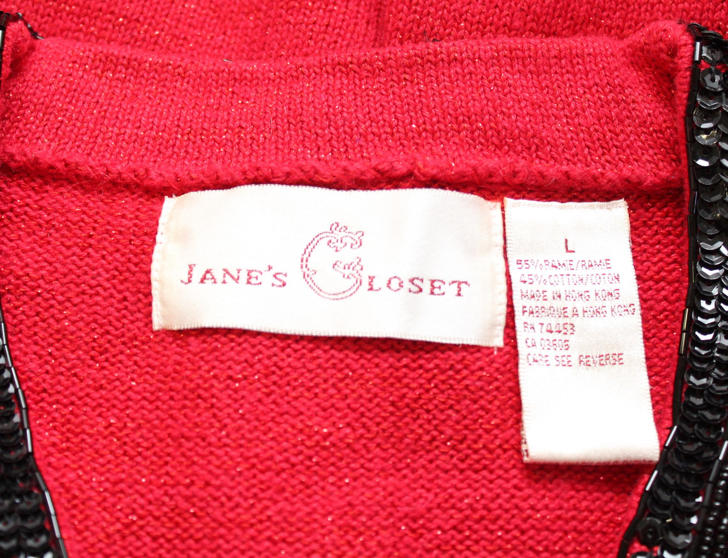 Janes Closet Red Metallic Shimmer Bow Sequin Embellished Pullover Sweater Size L