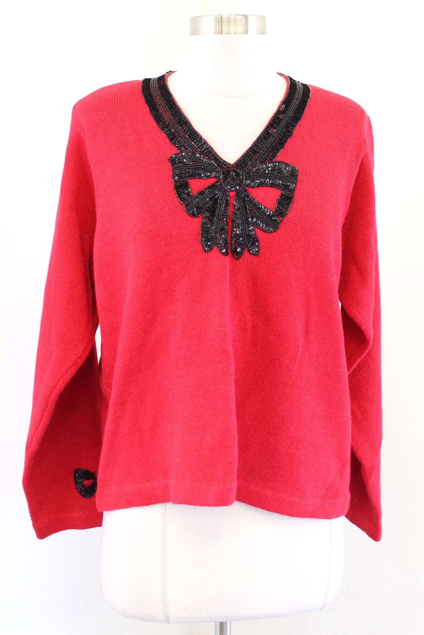 Janes Closet Red Metallic Shimmer Bow Sequin Embellished Pullover Sweater Size L