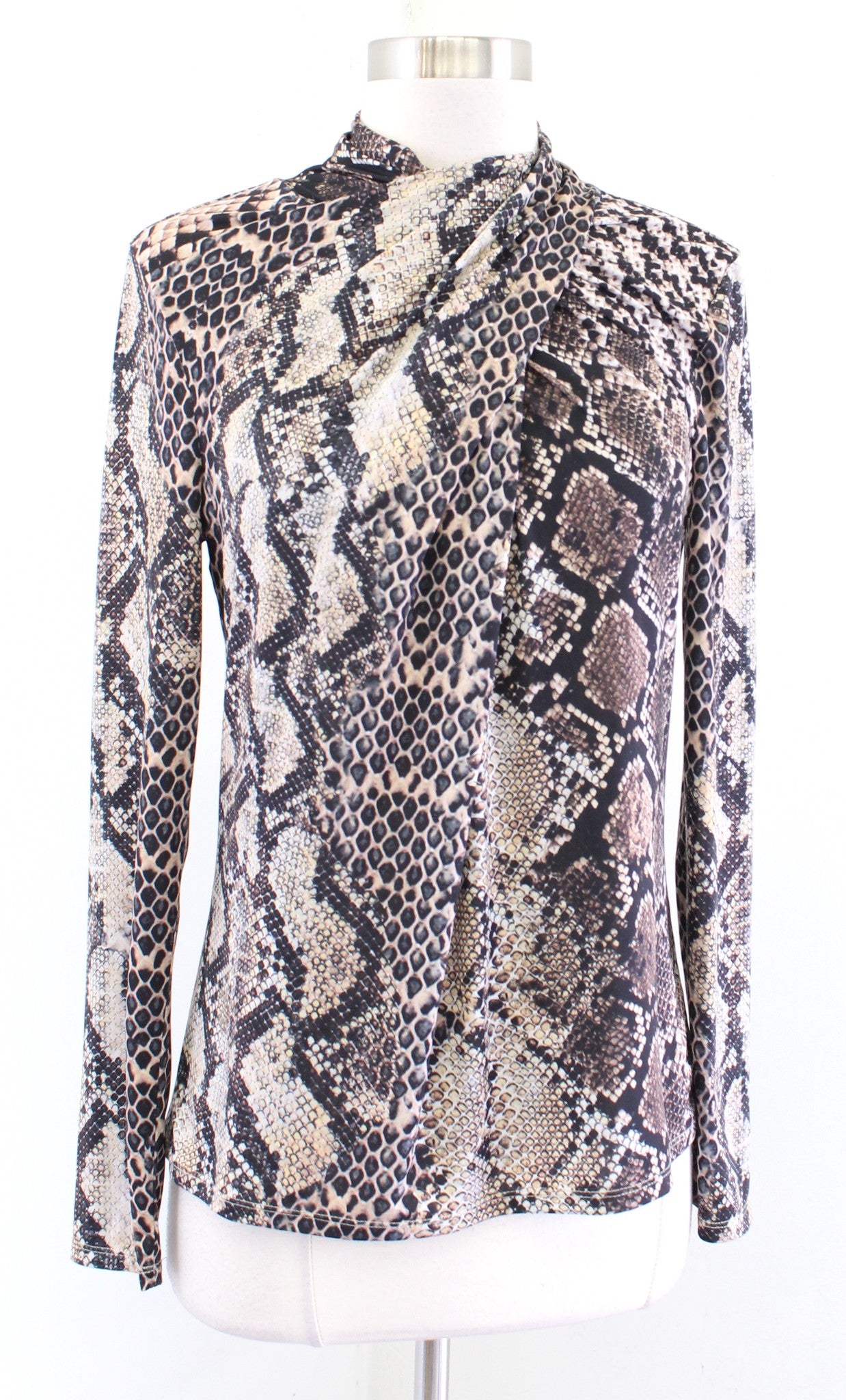 Elie Tahari Snakeskin Print Ruched Faux Wrap Collar Jersey Top Blouse Brown Sz S Long Sleeve