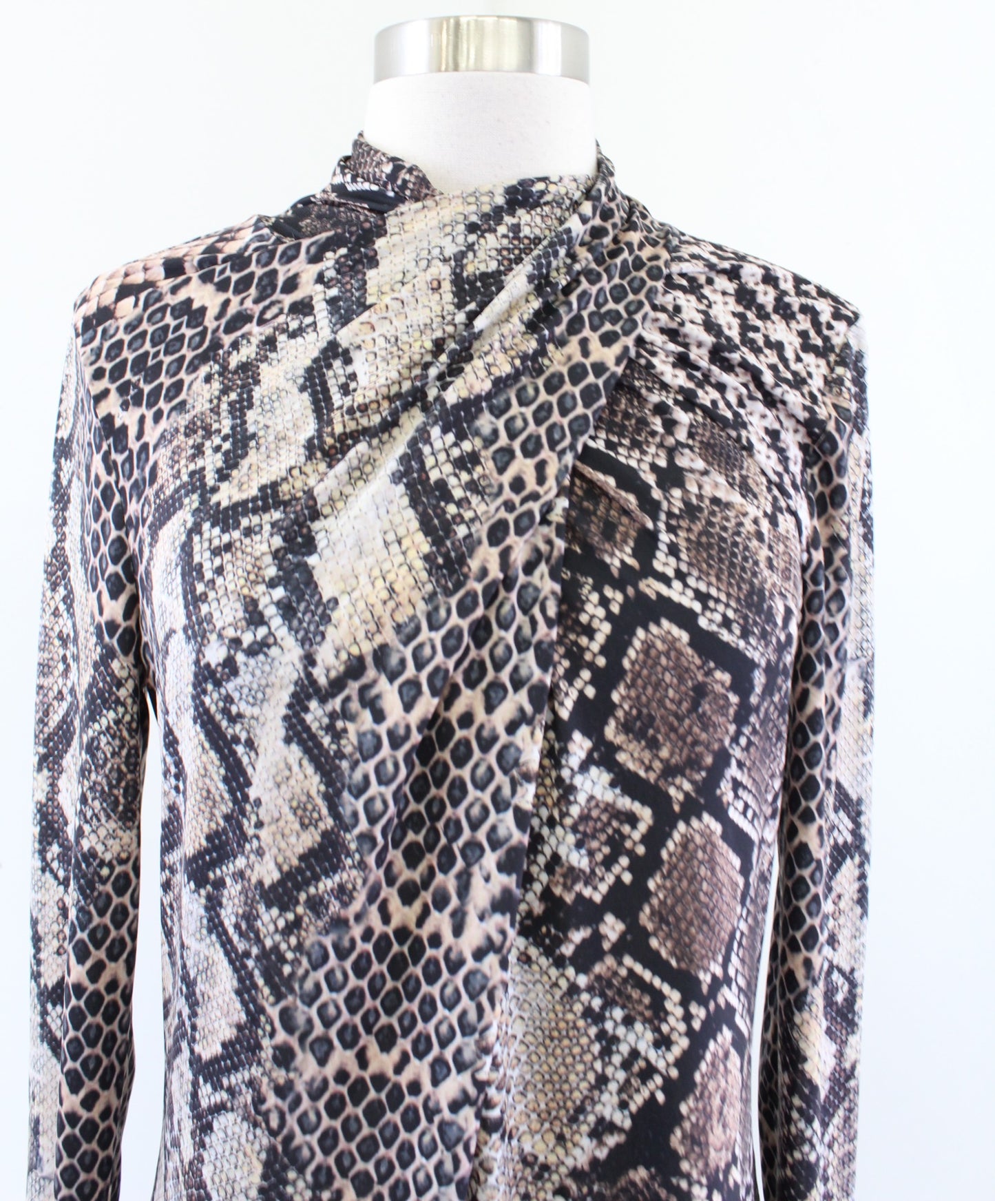 Elie Tahari Snakeskin Print Ruched Faux Wrap Collar Jersey Top Blouse Brown Sz S Long Sleeve
