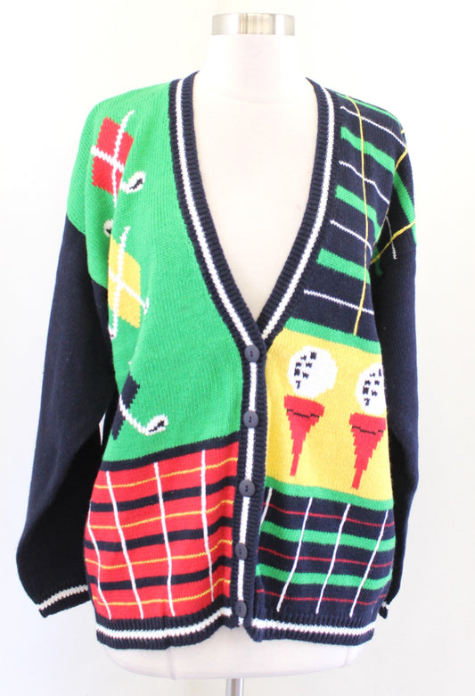 Vtg Navy Blue Plaid Color Block Golf Tee Cardigan Sweater Size M Argyle Retro