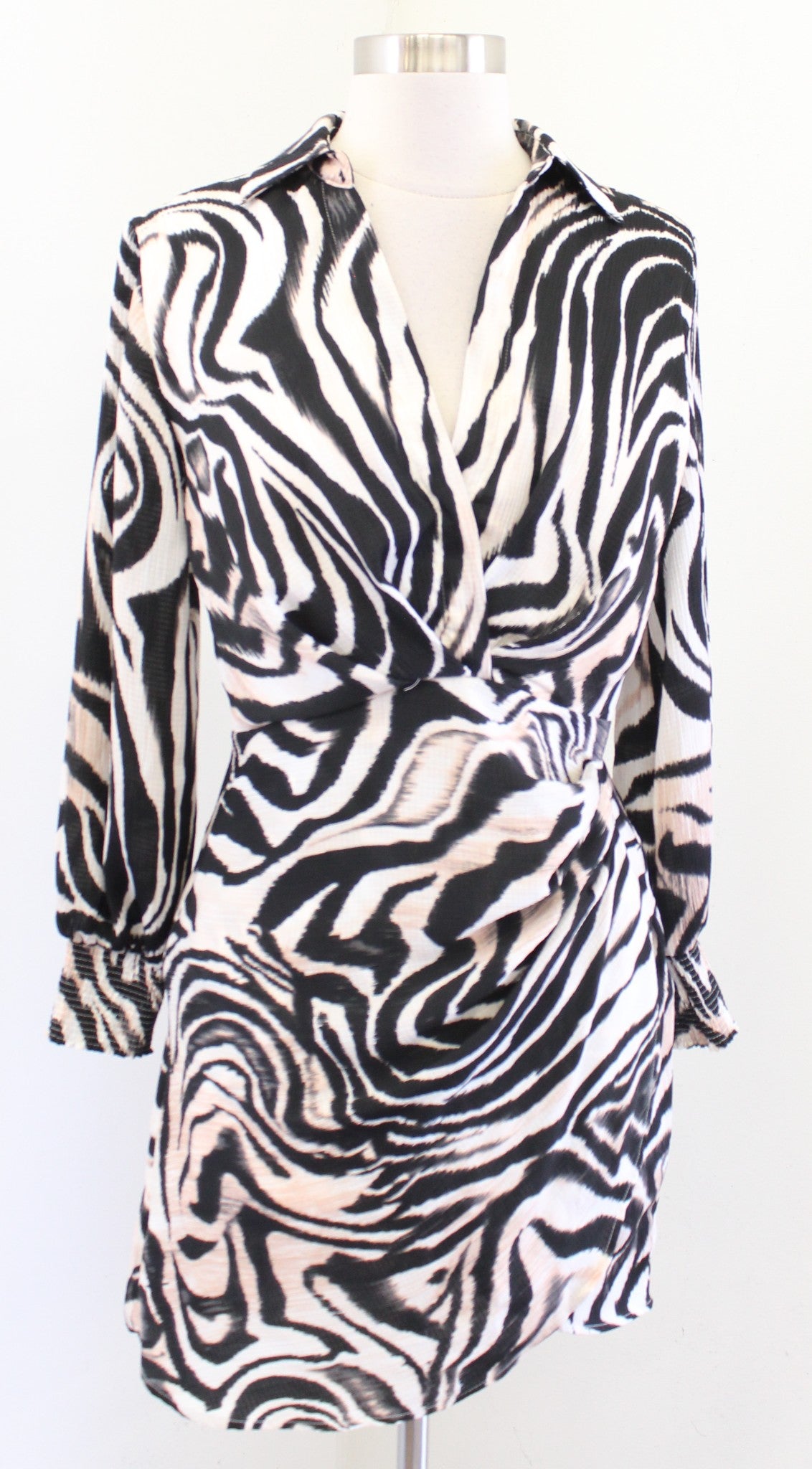 NWT by Anthropologie Abstract Animal Print Ruched Mini Dress Size 2P Long Sleeve