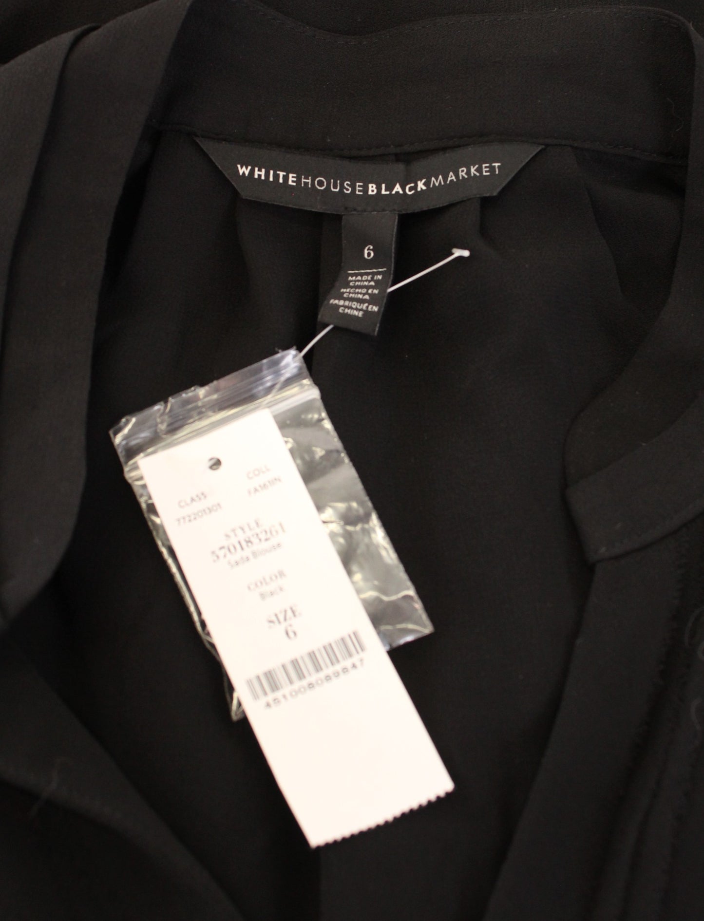 NWT White House Black Market Solid Black V Neck Popover Blouse Top Size 6 Career Long Sleeve