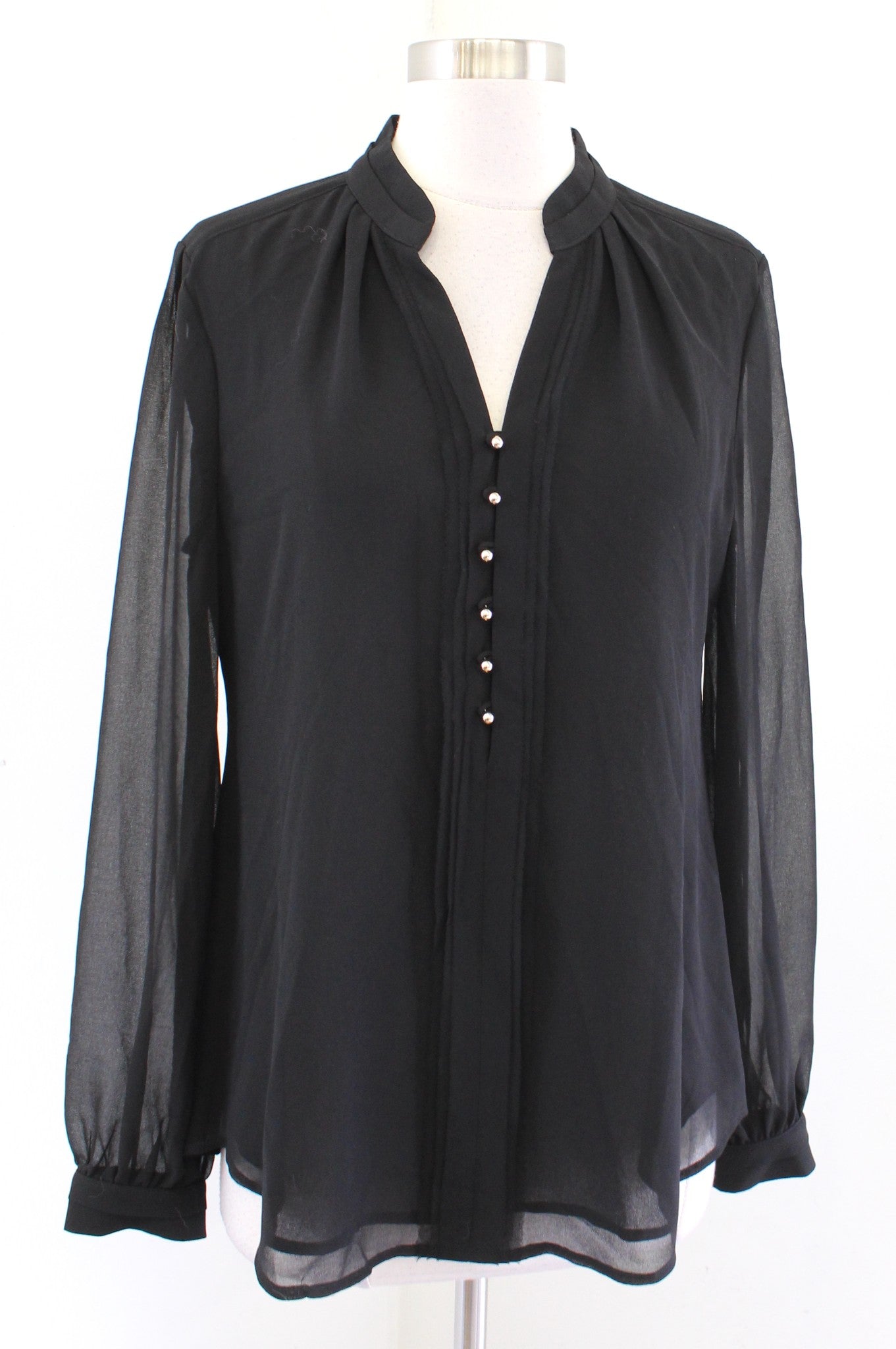 NWT White House Black Market Solid Black V Neck Popover Blouse Top Size 6 Career Long Sleeve