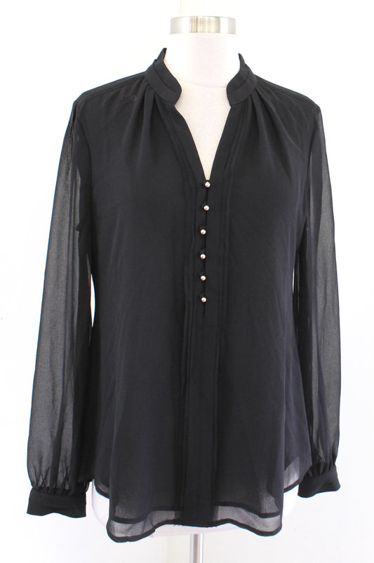 NWT White House Black Market Solid Black V Neck Popover Blouse Top Size 6 Career Long Sleeve