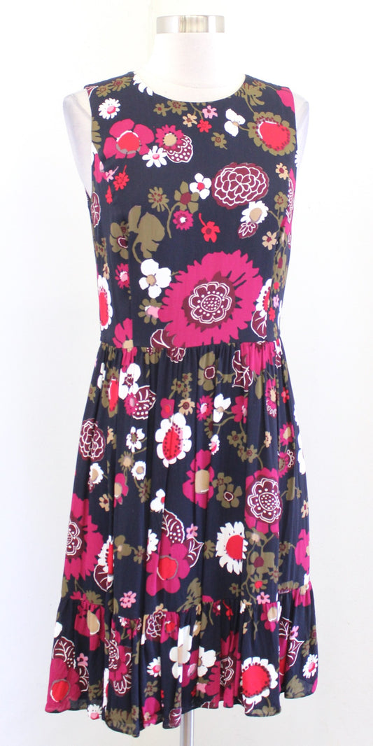 Brooks Brothers Navy Blue Floral Sleeveless A Line Flounce Hem Dress Size 2