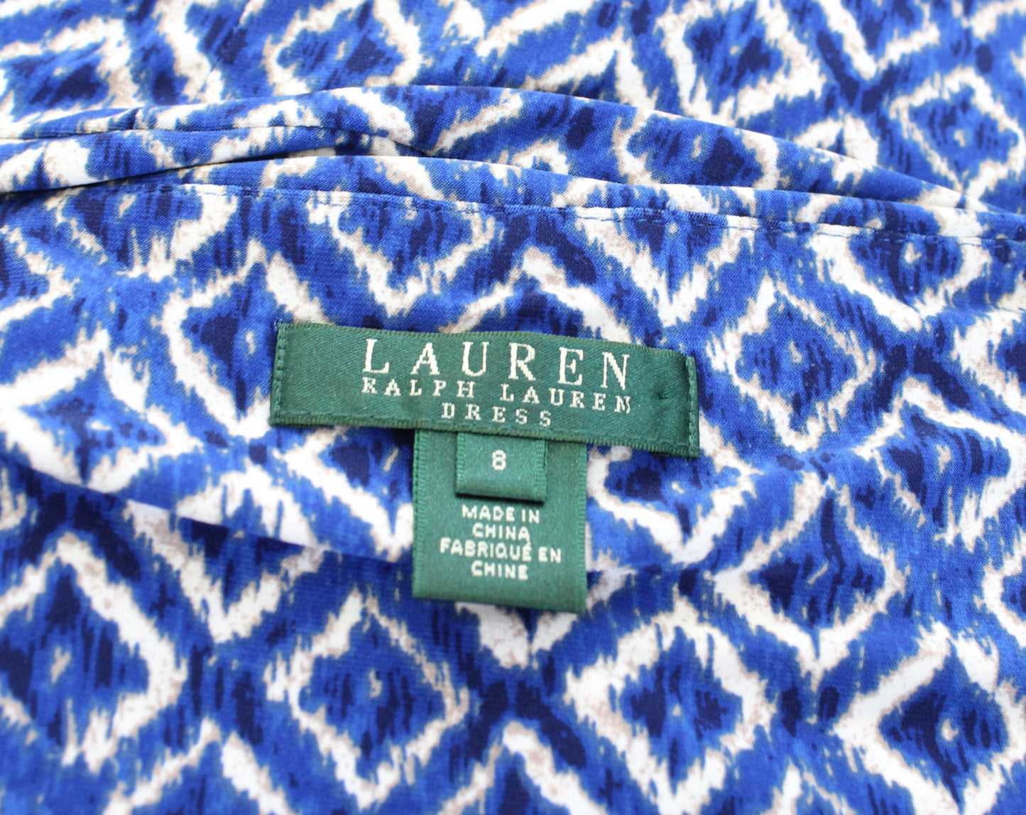 Lauren Ralph Lauren Blue Geometric Print V Neck Ruched Wiggle Dress Size 8