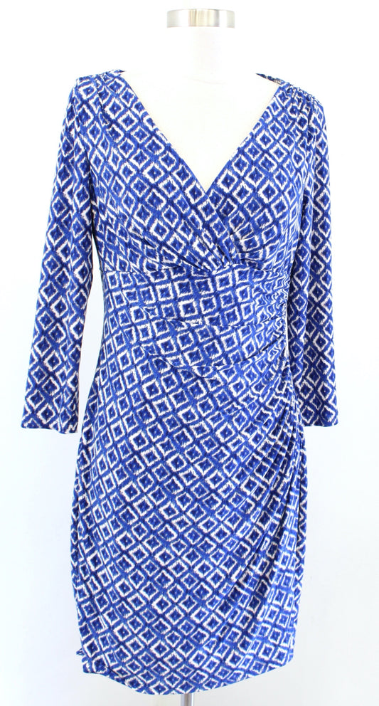 Lauren Ralph Lauren Blue Geometric Print V Neck Ruched Wiggle Dress Size 8