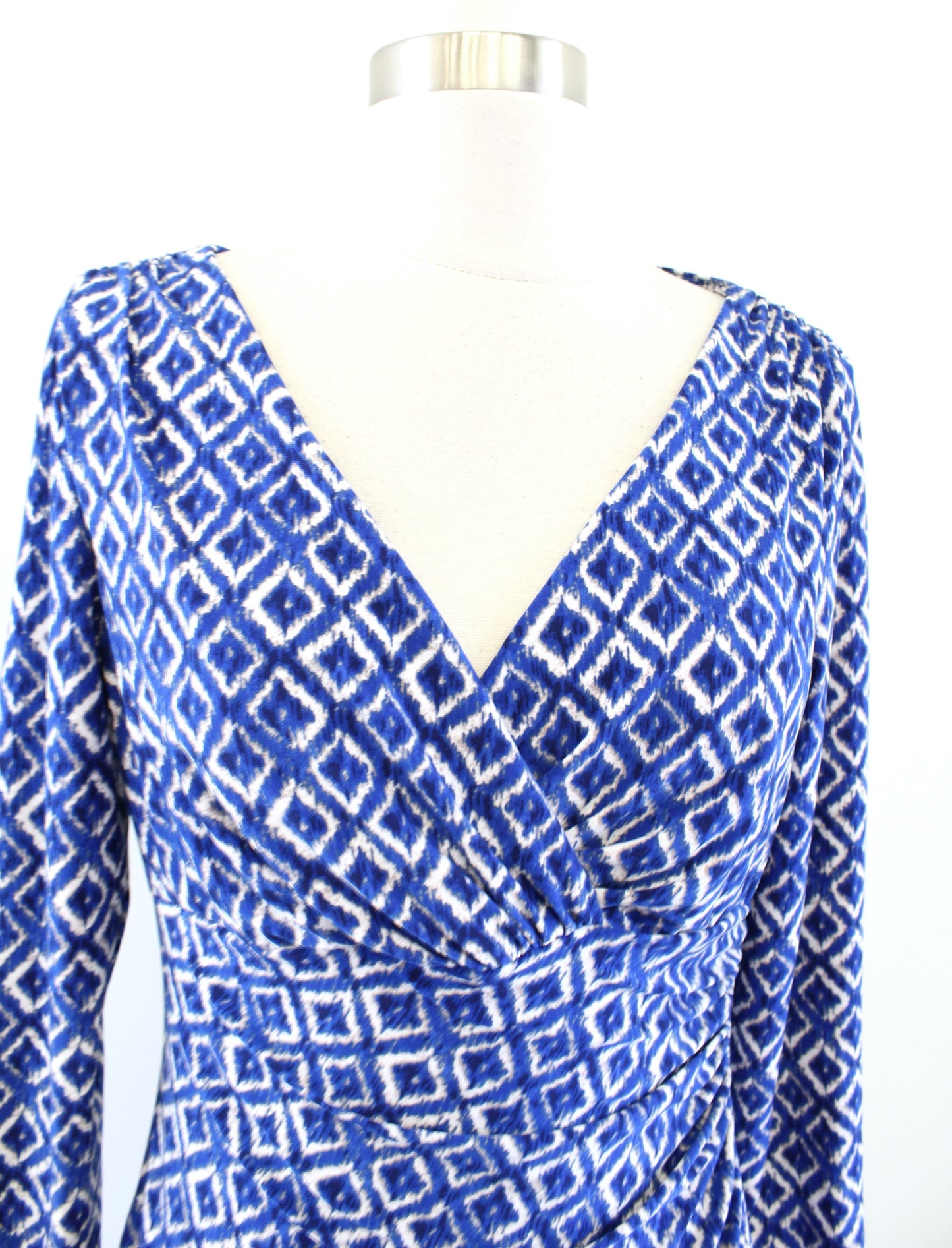 Lauren Ralph Lauren Blue Geometric Print V Neck Ruched Wiggle Dress Size 8