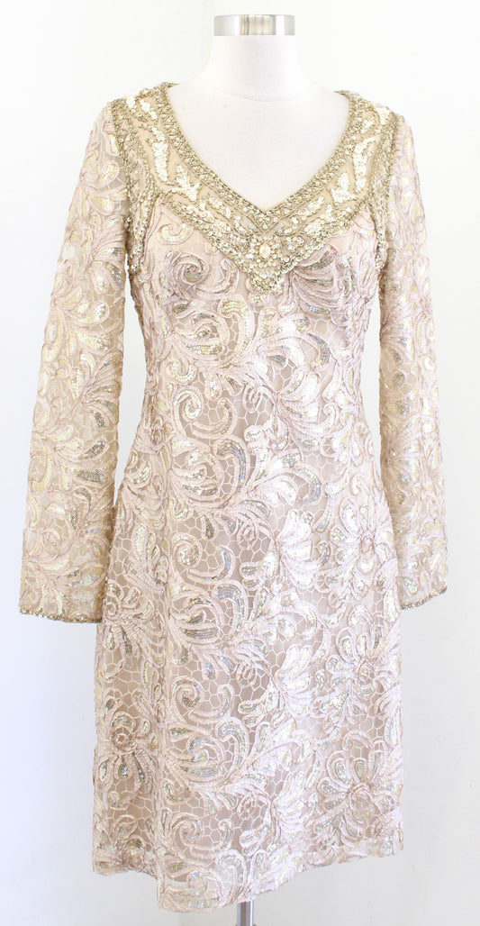 Sue Wong Nocturne Gold Lace Embellished Sequin Cocktail Evening Party Dress Sz 8