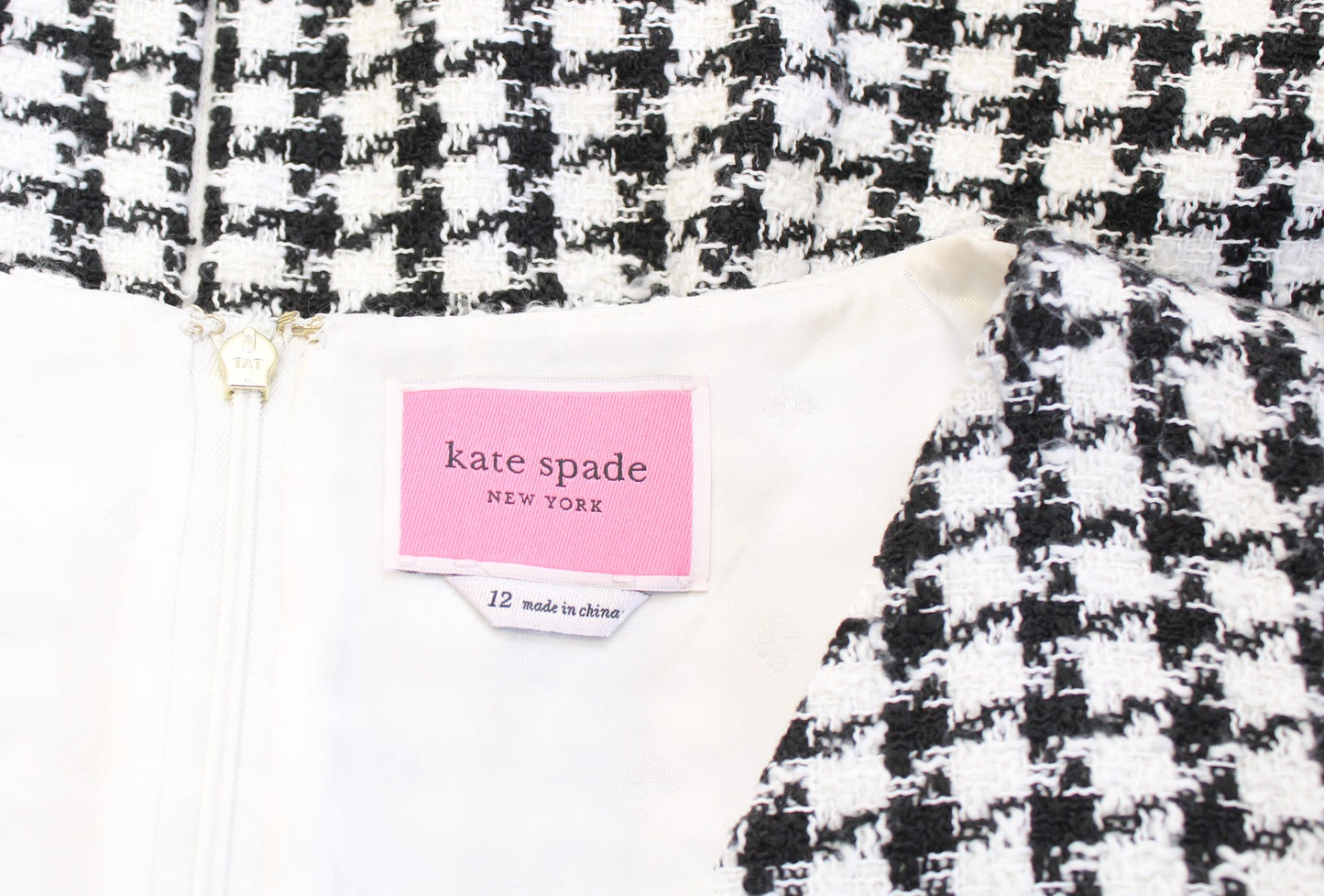 Kate Spade Black White Houndstooth Tweed Fringe Bow A Line Mini Dress Size 12