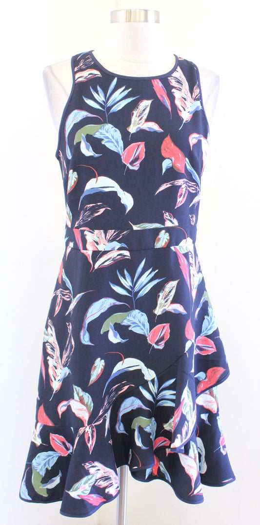 NWT Banana Republic Navy Blue Leaf Floral Ruffle Faux Wrap Sheath Dress Size 2