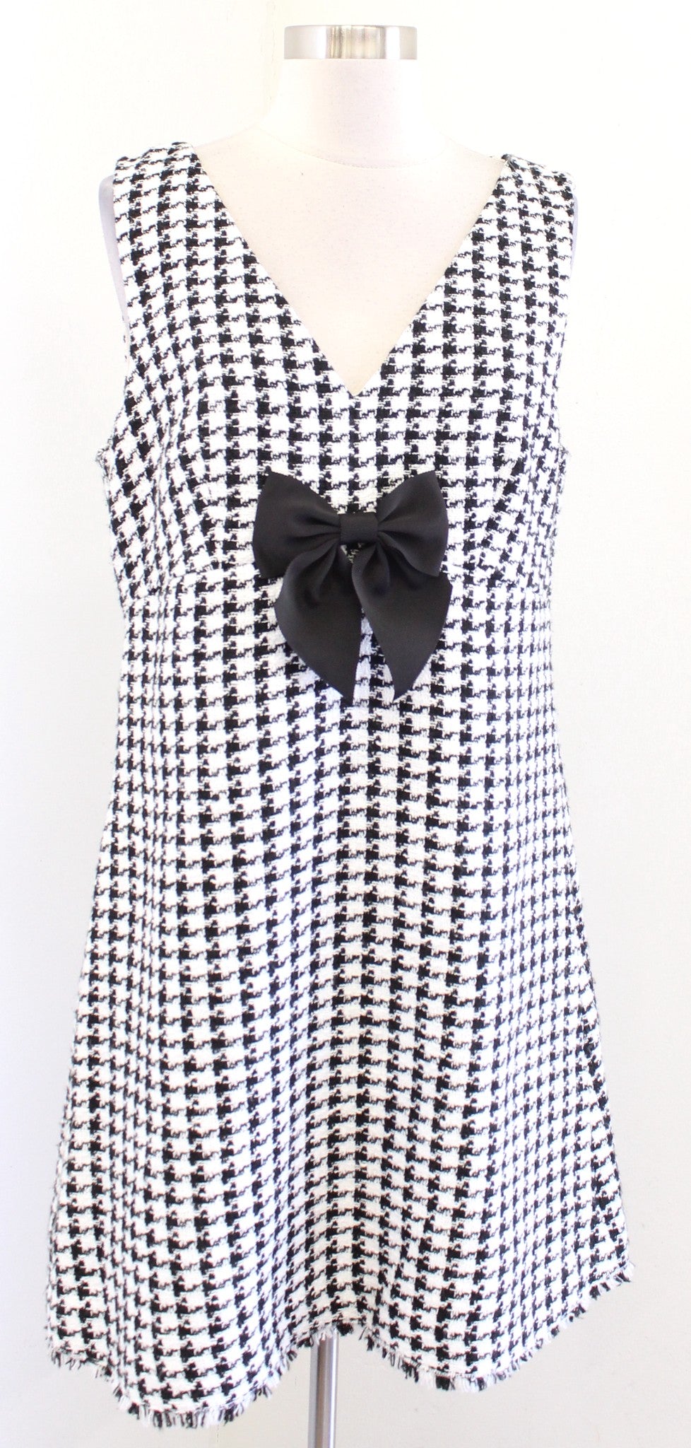Kate Spade Black White Houndstooth Tweed Fringe Bow A Line Mini Dress Size 12