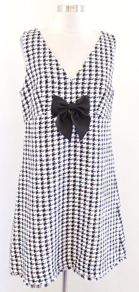 Kate Spade Black White Houndstooth Tweed Fringe Bow A Line Mini Dress Size 12