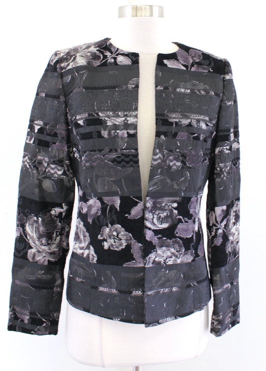 Tahari ASL Levine Black Gray Purple Striped Patch Floral Blazer Jacket Size 2