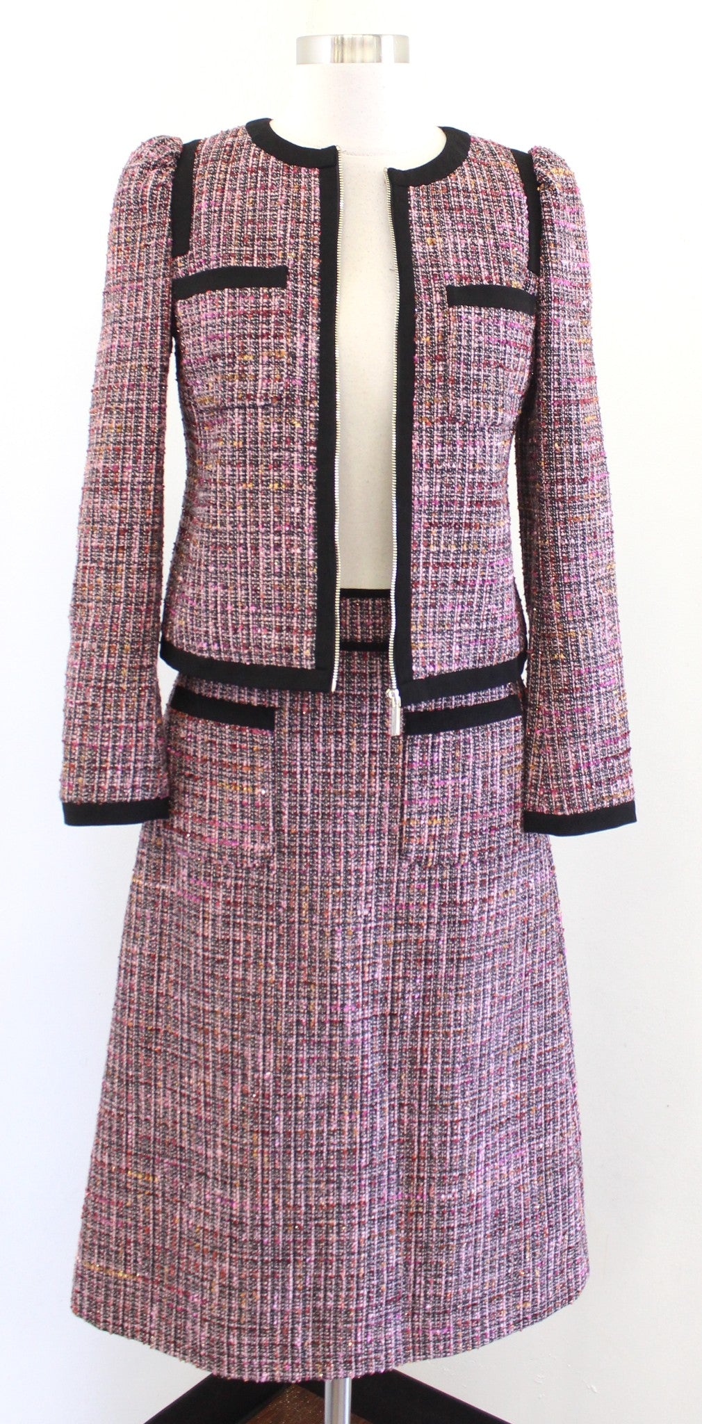 Kate Spade Tweed Puff Sleeve Blazer Jacket & Skirt Suit Set Size 00 Pink Black