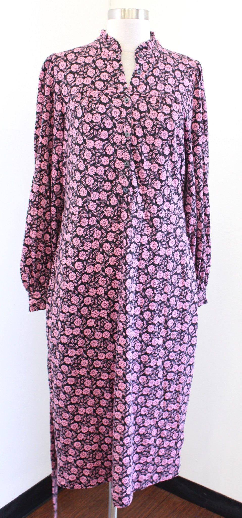 Boden Black Pink Floral Print Knit Column Dress Tie Waist Size US 8R 8 Mock Neck