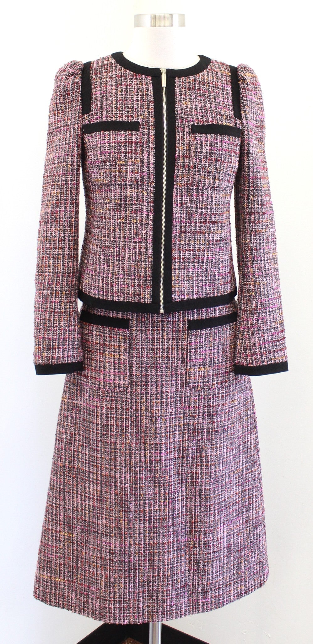 Kate Spade Tweed Puff Sleeve Blazer Jacket & Skirt Suit Set Size 00 Pink Black
