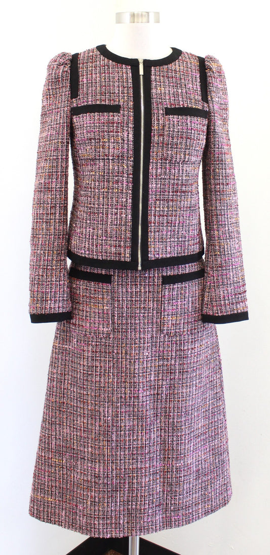 Kate Spade Tweed Puff Sleeve Blazer Jacket & Skirt Suit Set Size 00 Pink Black