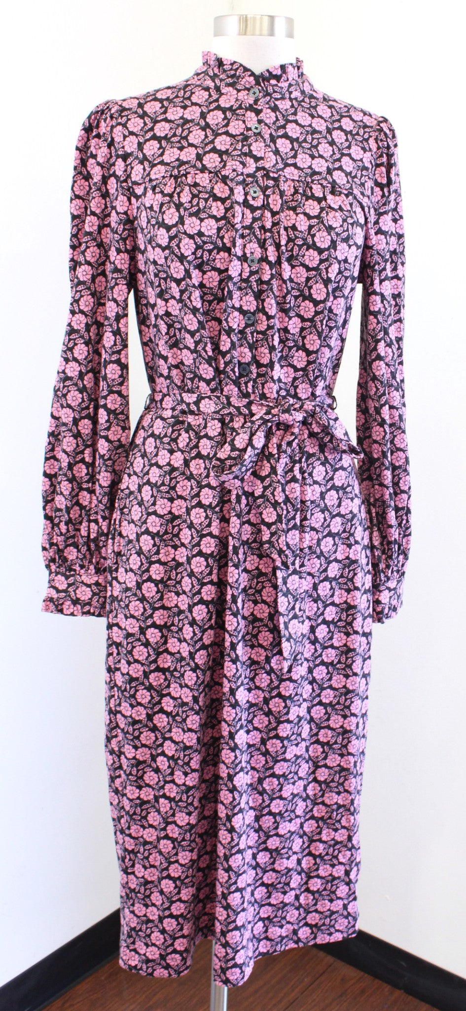 Boden Black Pink Floral Print Knit Column Dress Tie Waist Size US 8R 8 Mock Neck