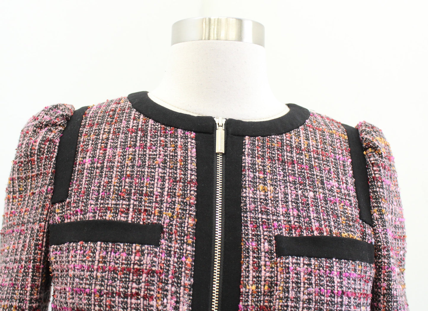 Kate Spade Tweed Puff Sleeve Blazer Jacket & Skirt Suit Set Size 00 Pink Black