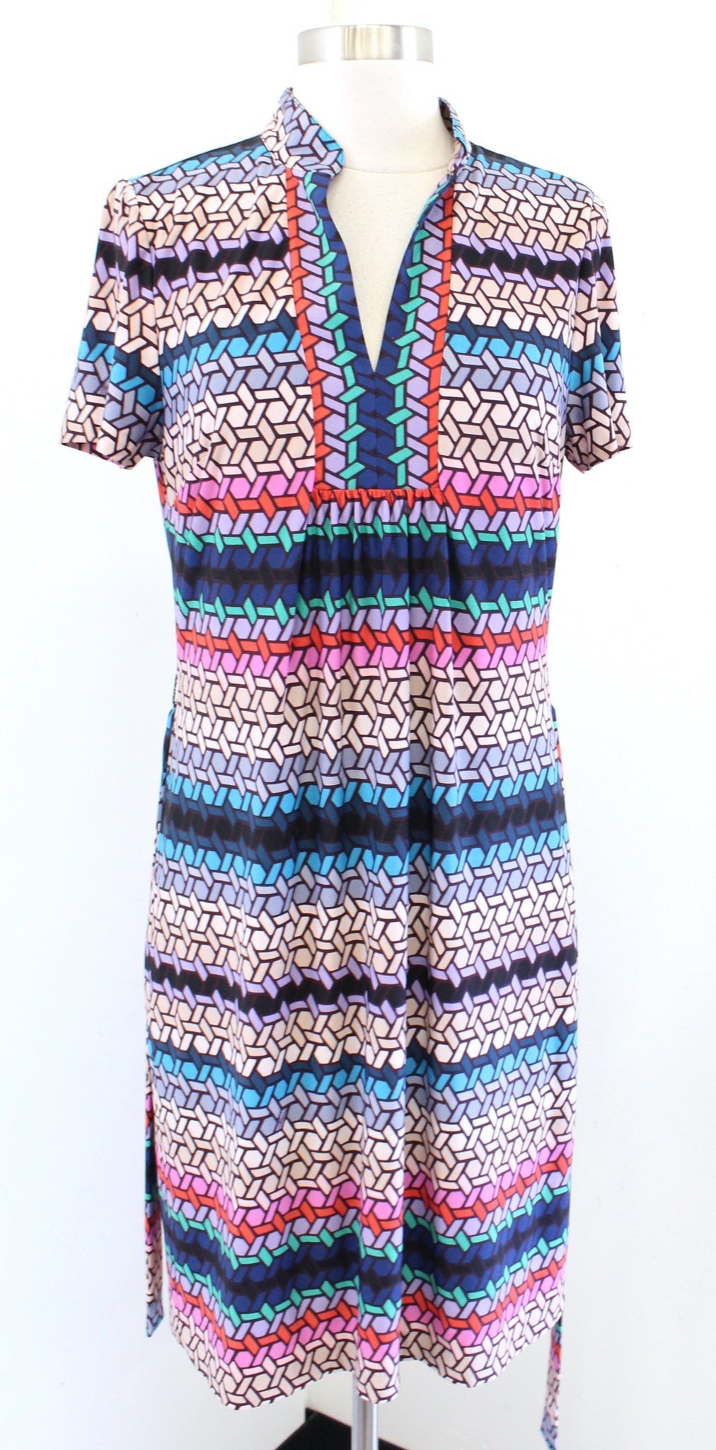 Trina Turk Joni Colorful Geometric Print Tie Waist Shift Shirt Dress Size M