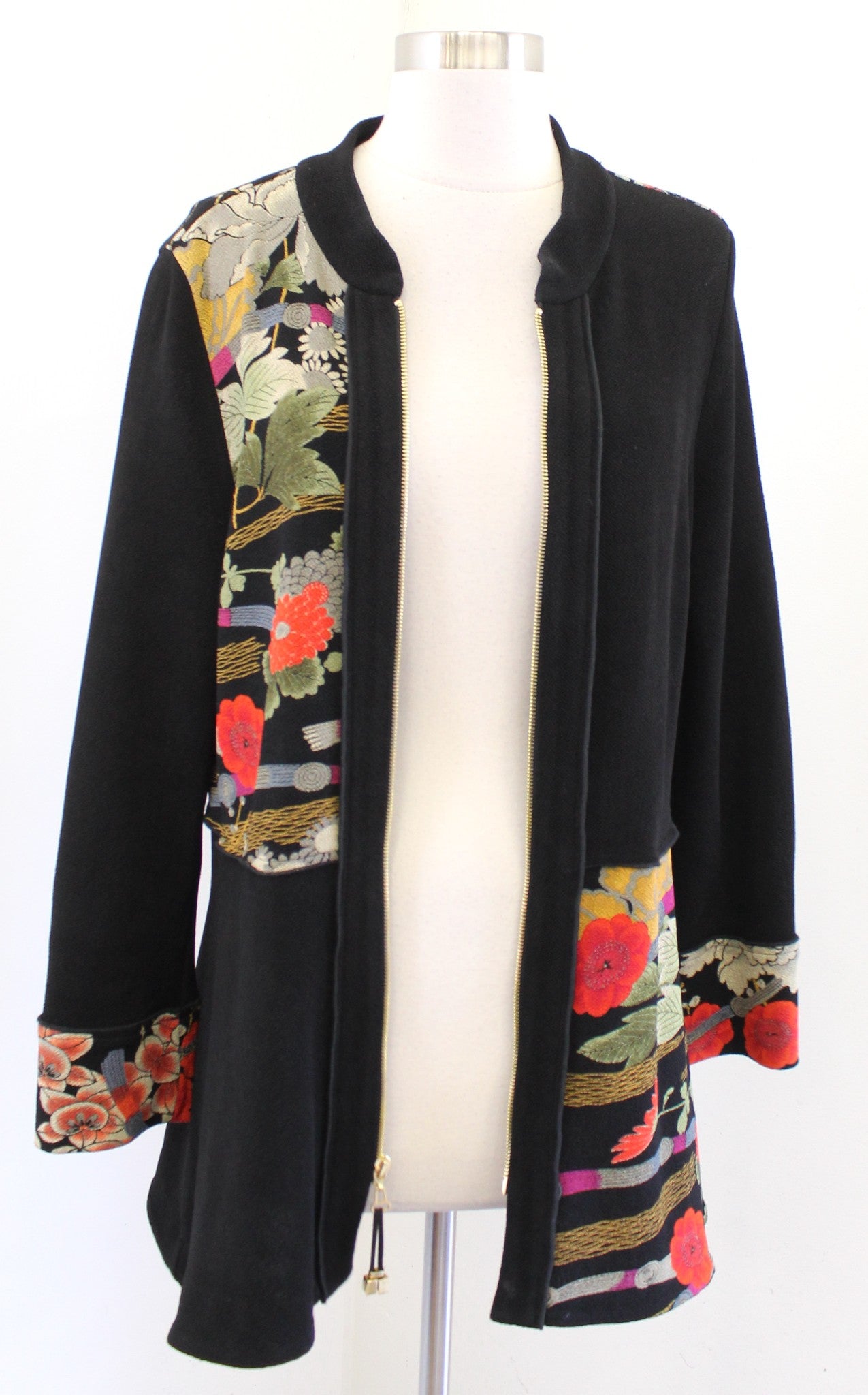 IC by Connie K Black Patchwork Floral Zip Front Mandarin Collar Jacket Size M