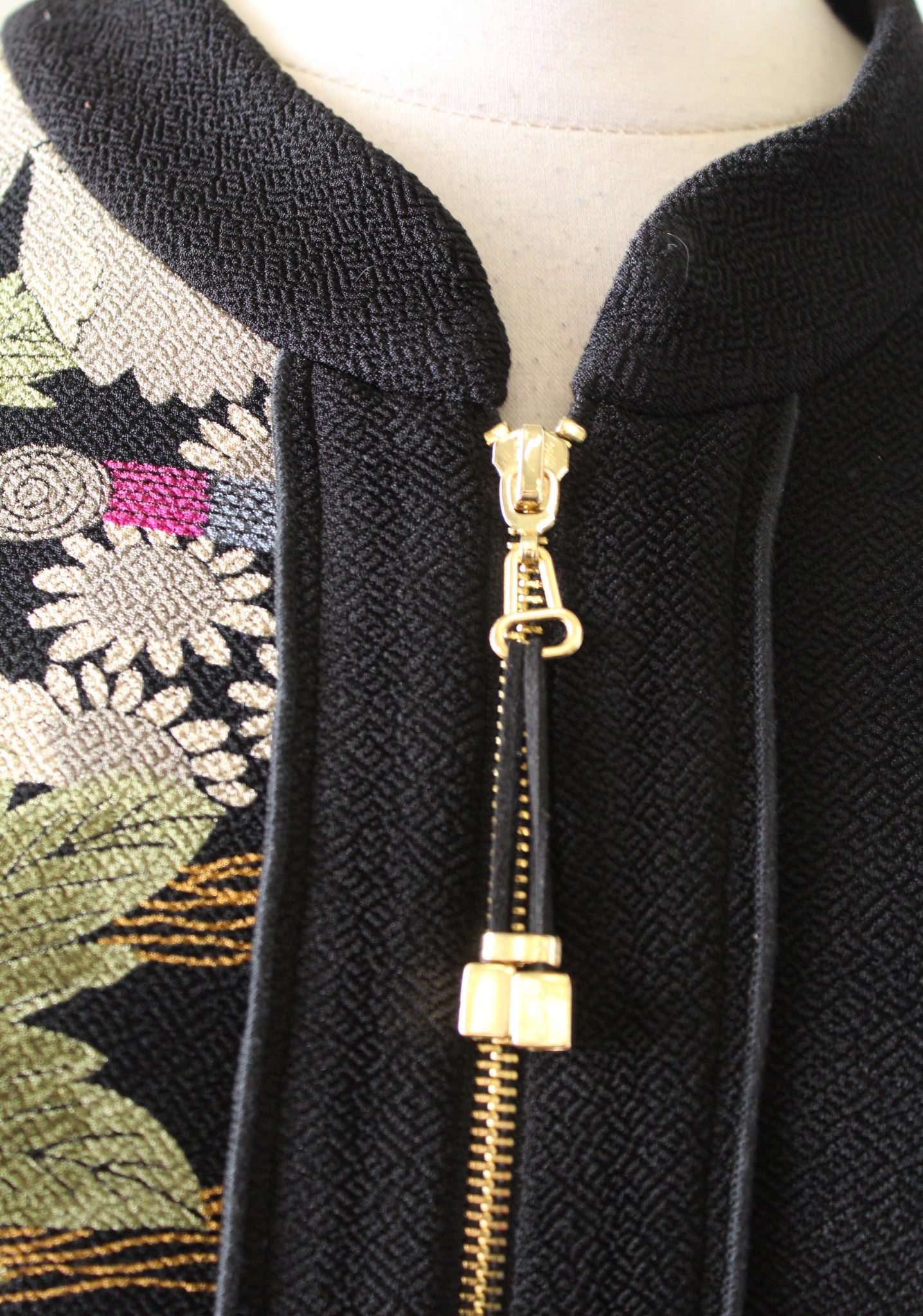 IC by Connie K Black Patchwork Floral Zip Front Mandarin Collar Jacket Size M