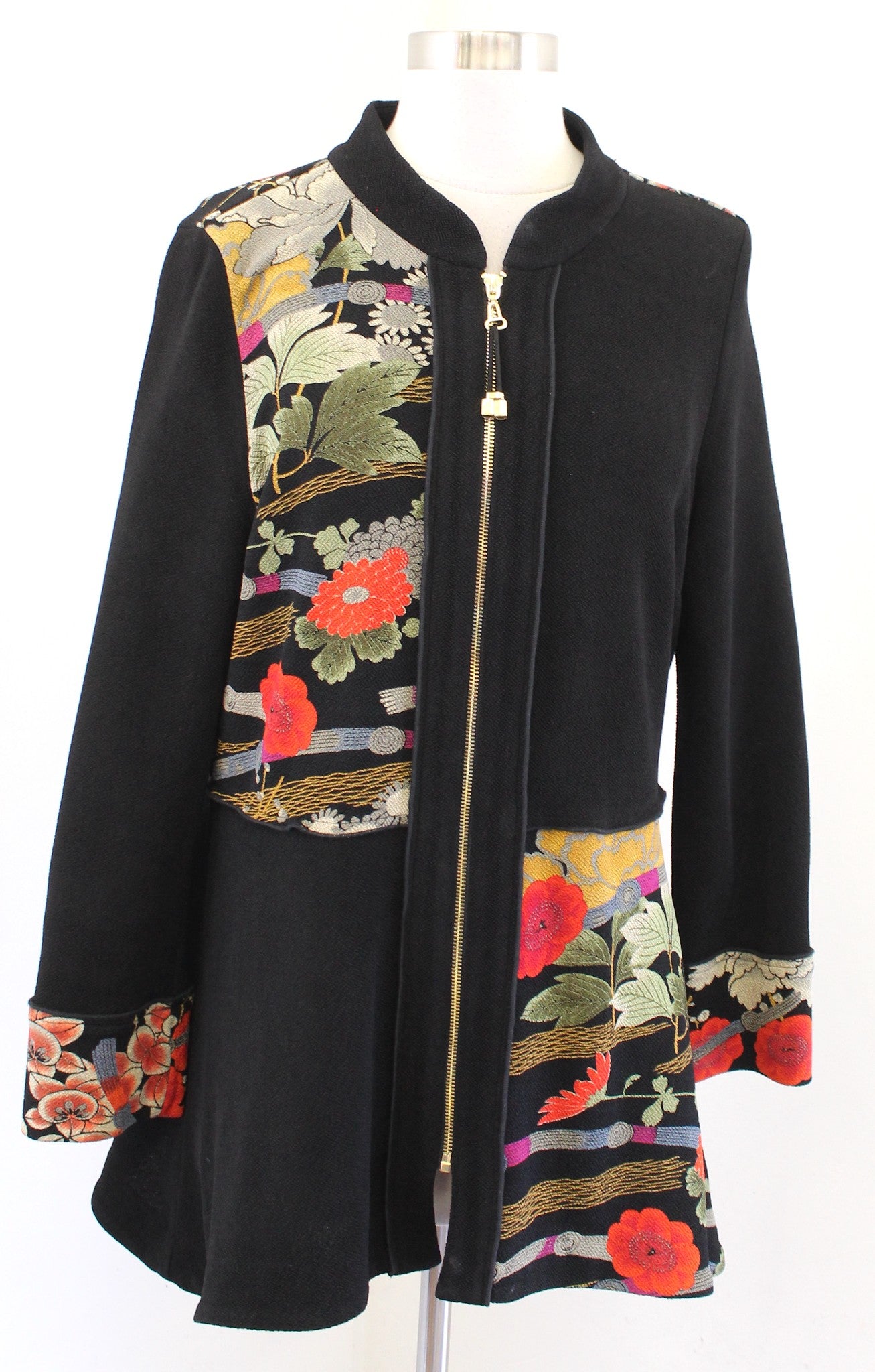 IC by Connie K Black Patchwork Floral Zip Front Mandarin Collar Jacket Size M