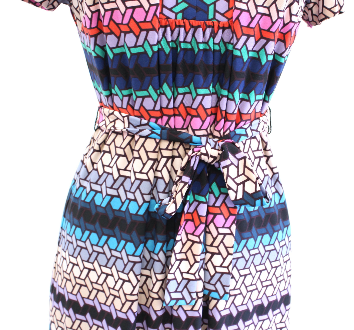 Trina Turk Joni Colorful Geometric Print Tie Waist Shift Shirt Dress Size M