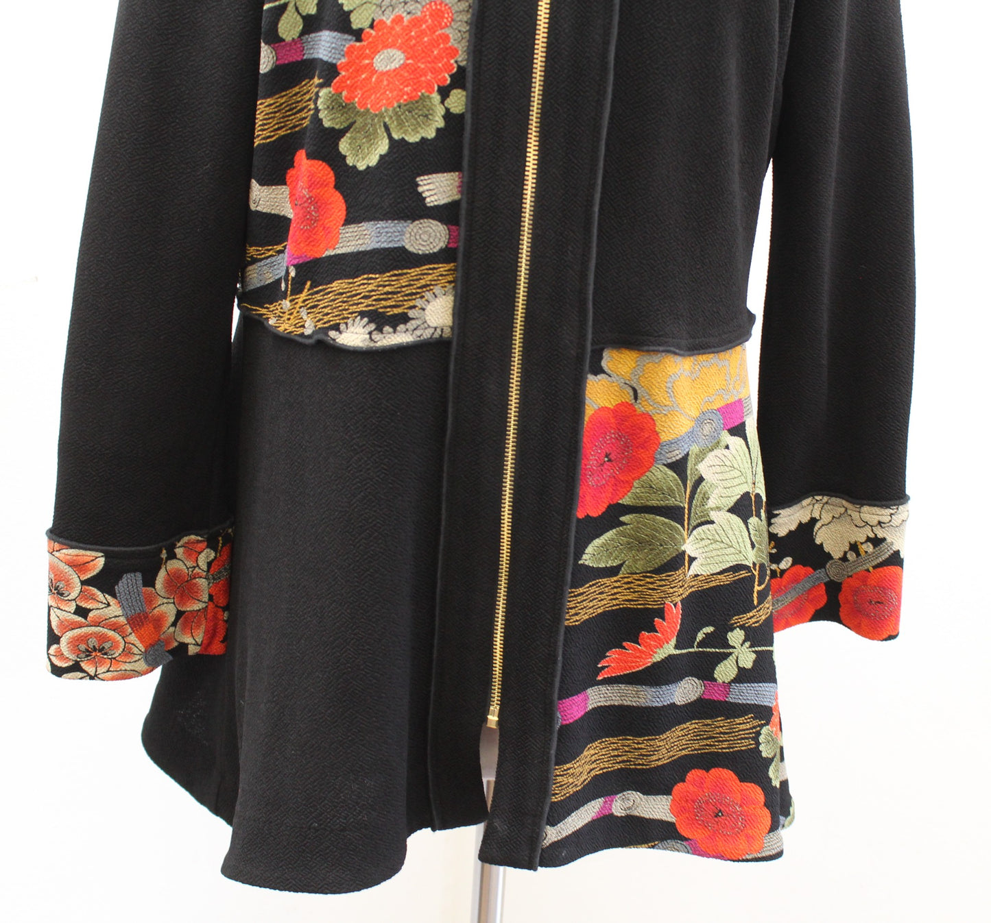 IC by Connie K Black Patchwork Floral Zip Front Mandarin Collar Jacket Size M