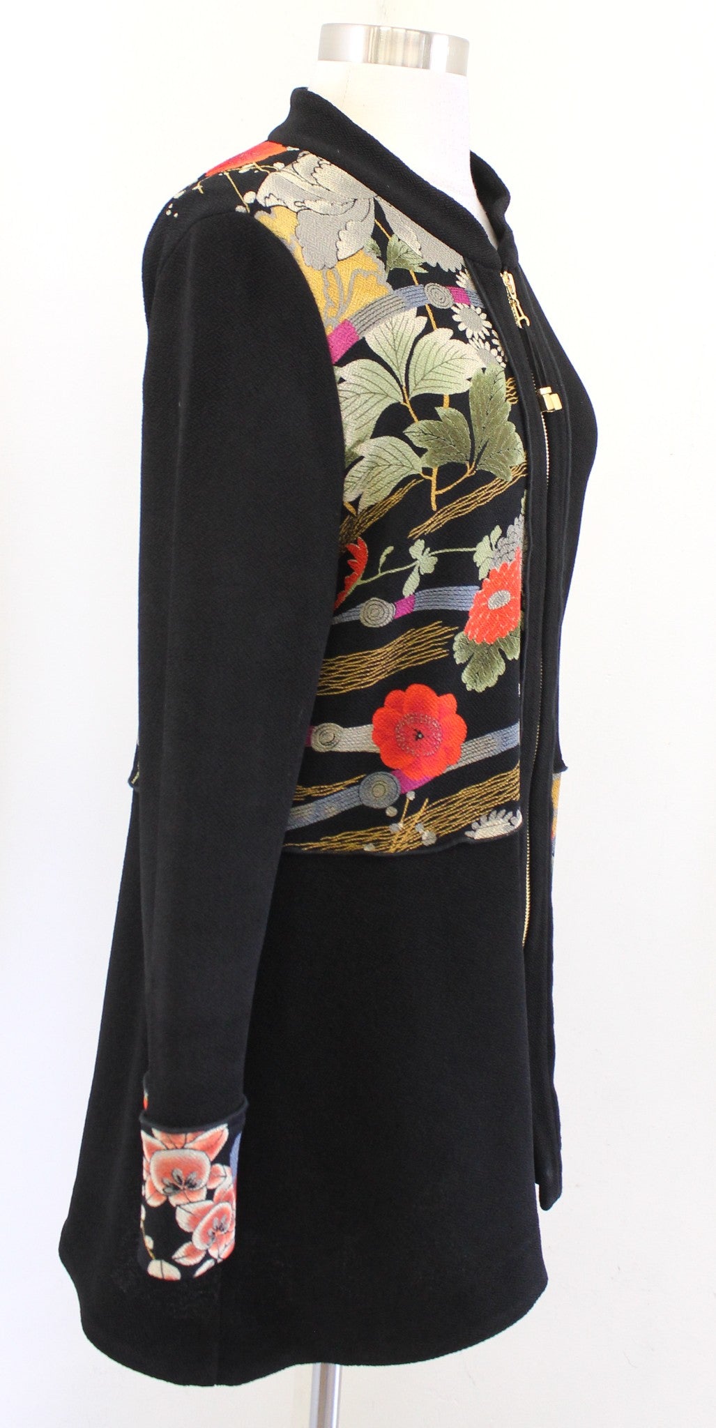 IC by Connie K Black Patchwork Floral Zip Front Mandarin Collar Jacket Size M