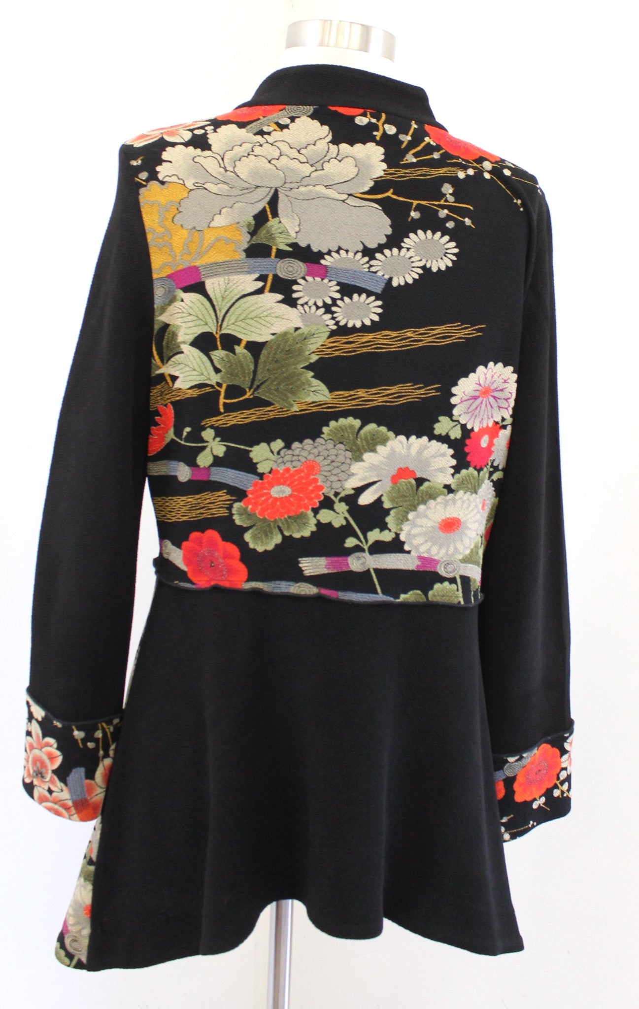 IC by Connie K Black Patchwork Floral Zip Front Mandarin Collar Jacket Size M